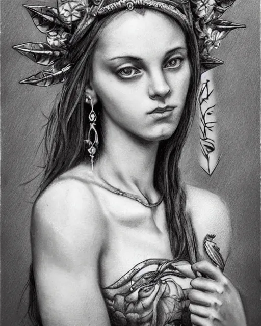 Image similar to realism tattoo sketch of a beautiful greek goddess aphrodite with piercing eyes wearing a laurel wreath and triangle earrings, in the style of greg rutkowski, amazing detail