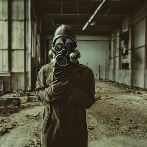 Image similar to film still of a man wearing post apocalyptic clothes and a gas mask inside a rusty factory, low angle dramatic