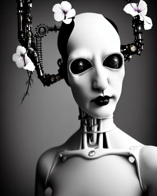 Image similar to black and white dreamy foggy poetic smoky profile face portrait, one silver steampunk realistic eye biomechanical beautiful angelic young female cyclope - cyborg - robot bust, body ribs meshes,, volumetric light, hibiscus flowers, by dora maar, rim light, big gothic fashion pearl embroidered collar, 8 k