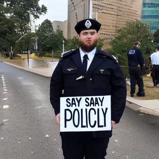 Prompt: clean - shaven chubby chubby chubby 3 2 year old caucasian man from uk. he is wearing navy police sweater and necktie and black boots and police helmet. he is holding a sign that reads'say no to police brutality.'