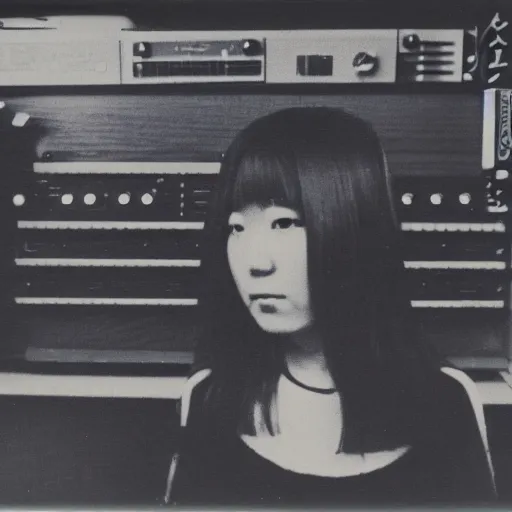 Image similar to 1 9 7 0 s polaroid of a female japanese musician playing a vintage modular synthesizer, hazy, faded