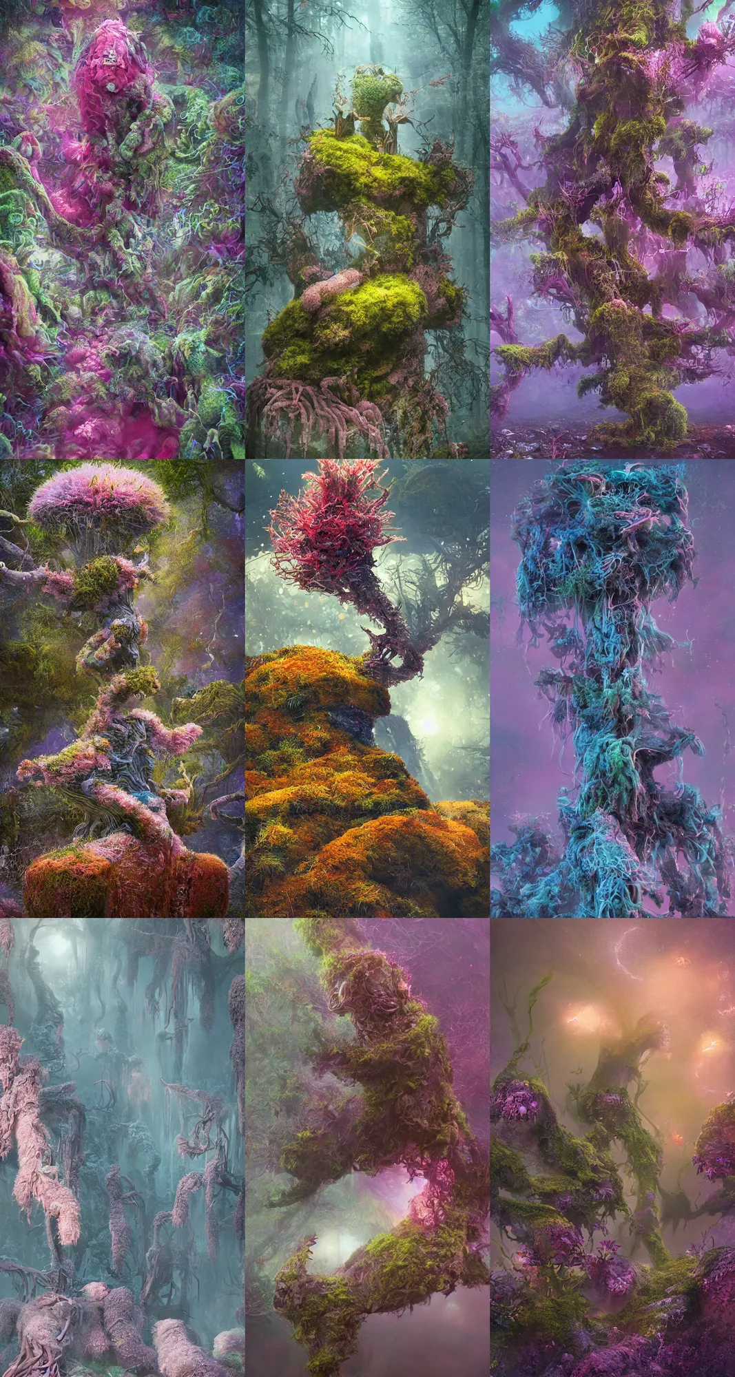 Image similar to a beautiful macro photography of moss with alien fungus, hyperdetailed, warm volumetric lights, pinks, blues, made by gerald brom and mike winkelmann