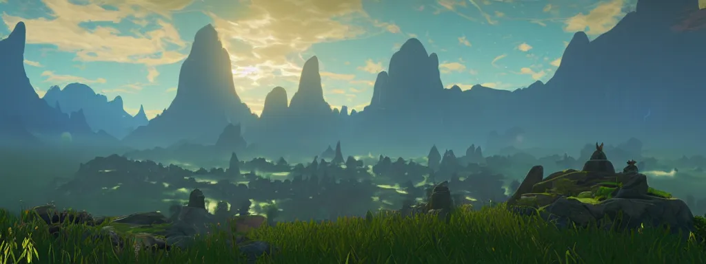 Image similar to matte painting of a magnificent ethereal valley by Zelda breath of the wild, 8k, soft volumetric fog, displacement mapped, unreal engine 5