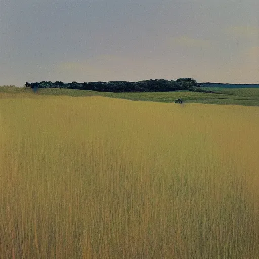 Image similar to “a soft prairie landscape during august, late afternoon, bushes in distance, in the style of Andrew Wyeth, muted colours”