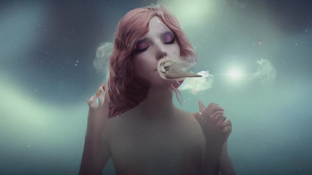 Image similar to whimsical, a beautiful playful woman, wearing professional makeup, standing in a lake, blowing smoke, under the stars, with a binary black hole with a ring in the sky, by Lois van Baarle, by Greg Rutkowski, by Steve Argyle, face enhance, volumetric lighting, 4k resolution, octane render, trending on artstation