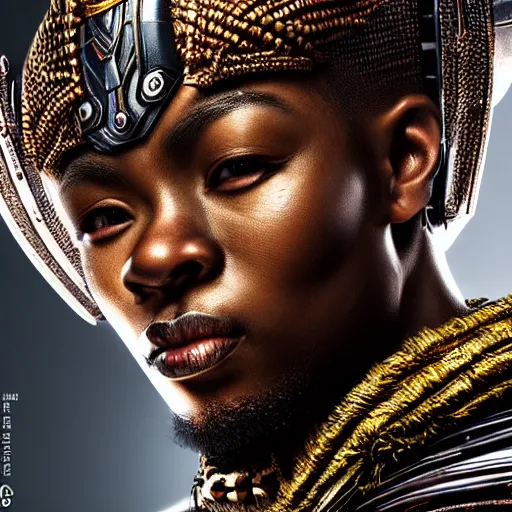 Prompt: wakandan warrior in steampunk armor, closeup portrait shot, highly detailed, photorealistic portrait, bright studio setting, studio lighting, crisp quality and light reflections, unreal engine 5 quality render