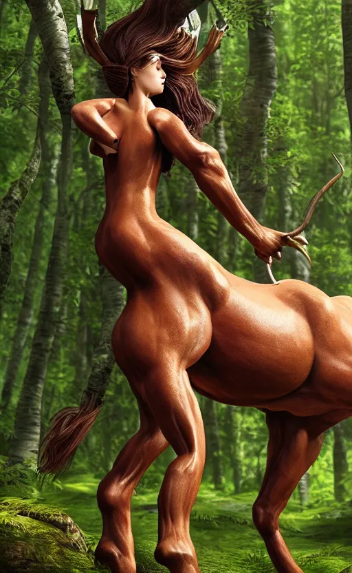 Prompt: photograph of a female centaur in a birch forest, huge detailed muscles in jeff koons hip hop bauhaus style, beautiful detailed face, ultra realistic, concept art, intricate details, serious, highly detailed, photorealistic, octane render, 8 k, unreal engine, natural light, art by todd mcfarlane