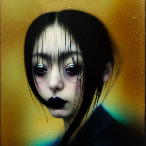 Image similar to yoshitaka amano blurred and dreamy realistic three quarter angle portrait of a young woman with black lipstick and black eyes wearing dress suit with tie, junji ito abstract patterns in the background, satoshi kon anime, noisy film grain effect, highly detailed, renaissance oil painting, weird portrait angle, blurred lost edges