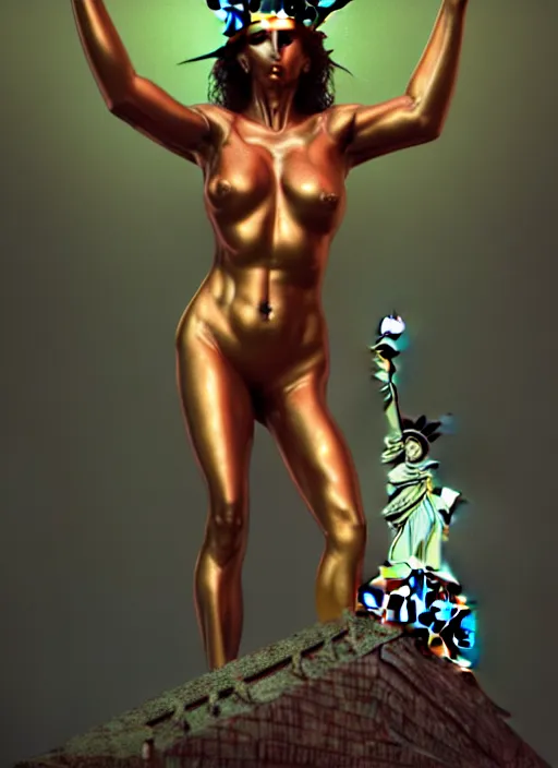 Prompt: julie strain is the statue of liberty, au naturel, hyper detailed, digital art, trending in artstation, cinematic lighting, studio quality, smooth render, unreal engine 5 rendered, octane rendered, art style by klimt and nixeu and ian sprigger and wlop and krenz cushart.
