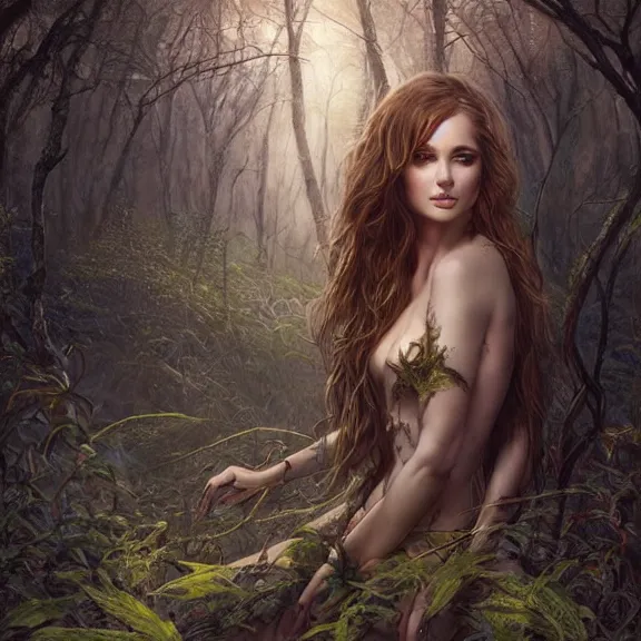 Prompt: a higly detailed full body shot portrait painting of a sorceress with piercing beautiful eyes, standing in a forest meadow, morning, dynamic lighting, ambient lighting, deviantart, art by artgerm and karol bak and mark brooks