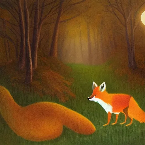 Image similar to A fox playing the piano in a meadow in the forest during the night under the moonlight, children’s book oil painting