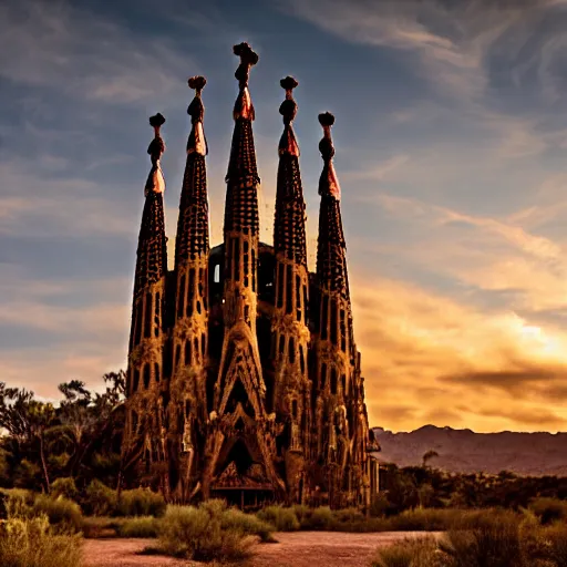 Prompt: time magazine photo, la sagrada familia in a beautiful scenic epic desert, surreal, epic composition, rule of thirds, 4 k wallpaper, golden hour, dramatic lighting,