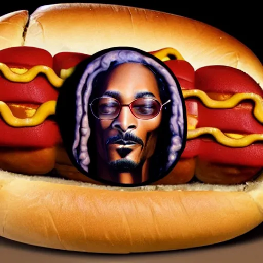 Image similar to a hotdog with the face of snoop dogg inside it