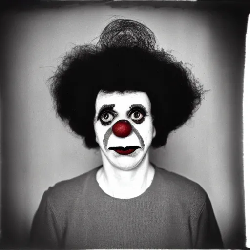 Prompt: portrait of clown by Diane Arbus, 50mm