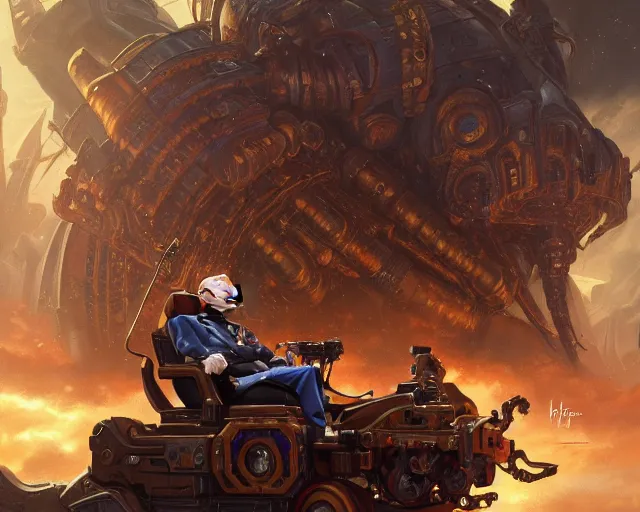 Image similar to photography of stephen hawking!!!, deep focus, warhammer 4 0 k, d & d, fantasy, intricate, elegant, highly detailed, digital painting, artstation, concept art, matte, sharp focus, illustration, hearthstone, art by artgerm and greg rutkowski and alphonse mucha