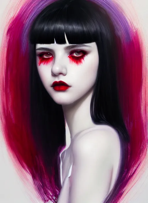 Image similar to portrait of teenage girl, red irises, red eyes, black hair, white bangs, purple lipstick, white bangs, bangs, black hair and white bangs, intricate, elegant, glowing lights, highly detailed, digital painting, artstation, concept art, smooth, sharp focus, illustration, art by wlop, mars ravelo and greg rutkowski