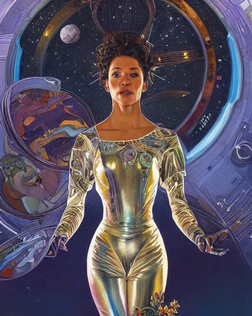 Prompt: portrait of actress Krys Marshall wearing a space suit, intricate, elegant, highly detailed, centered, digital painting, artstation, concept art, smooth, sharp focus, illustration, art by android jones and donato giancola and alphonse mucha