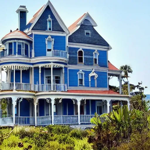 Image similar to a victorian style 2 story house on top of a hill surrounded by an ocean full of sharks