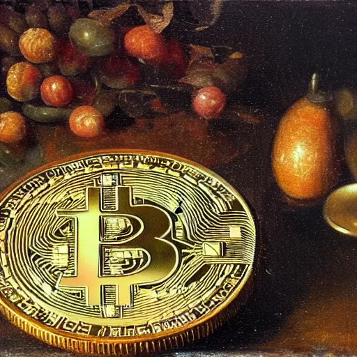 Prompt: Dutch oil painting from the 1600s, bitcoins on a table