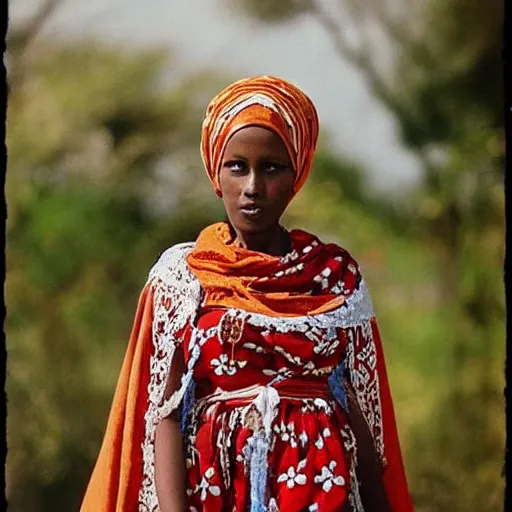 Image similar to somali woman, somali traditional dress & attire, vintage, intricate, dreamy, studio ghibli