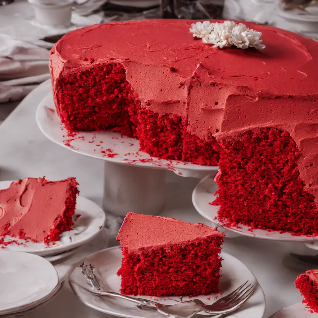 Prompt: close-up photo of a red colored cake on top of a table, 8k, high detail, photorealistic, proper shading