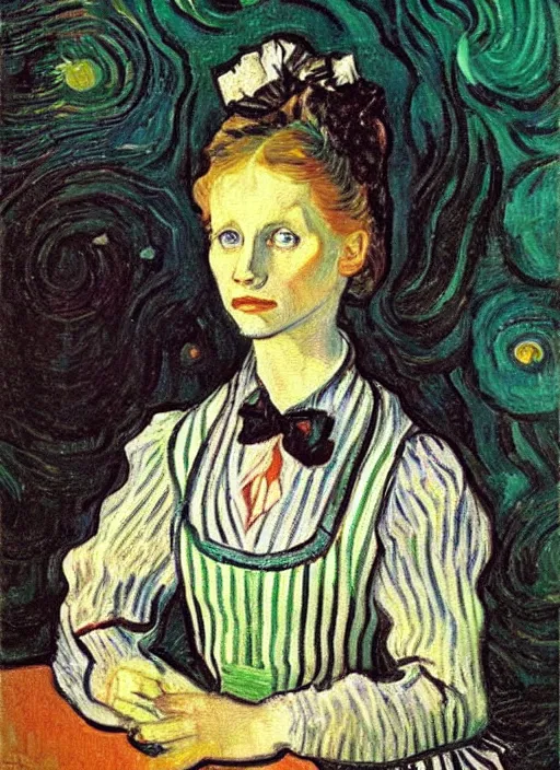 Image similar to lifelike oil painting portrait of alice in wonderland by van gogh