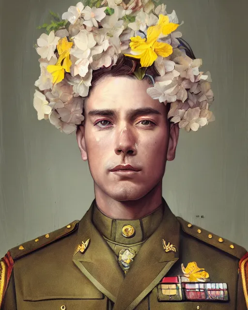 Image similar to a beautiful fine art portrait photo of a military general covered by hibiscus, daffodils, hydrangea, montsera leaves by tom bagshaw and zach sutton, very detailed, artstation, 8 k