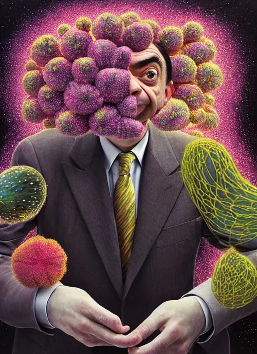 Image similar to hyper detailed 3d render like a Oil painting muted colors - slightly silly portrait of Rowan Atkinson crosseyed as Mr. Bean in Aurora seen Eating of the Strangling network of yellowcake aerochrome and milky Fruit and Her delicate Hands hold of gossamer polyp blossoms bring iridescent fungal flowers whose spores black the foolish stars by Jacek Yerka, Mariusz Lewandowski, Houdini algorithmic generative render, Abstract brush strokes, Masterpiece, Edward Hopper and James Gilleard, Zdzislaw Beksinski, Nicoletta Ceccoli, Wolfgang Lettl, hints of Yayoi Kasuma, octane render, 8k