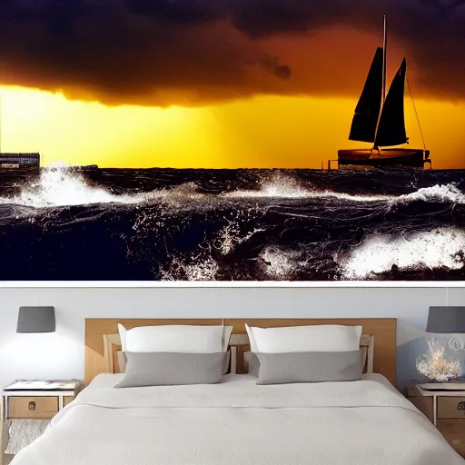 Image similar to sailing boat in storm, dramatic sunrise, huge waves, mosaic,