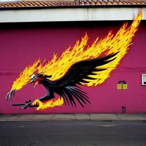 Image similar to Phoenix in fire, street art by bansky