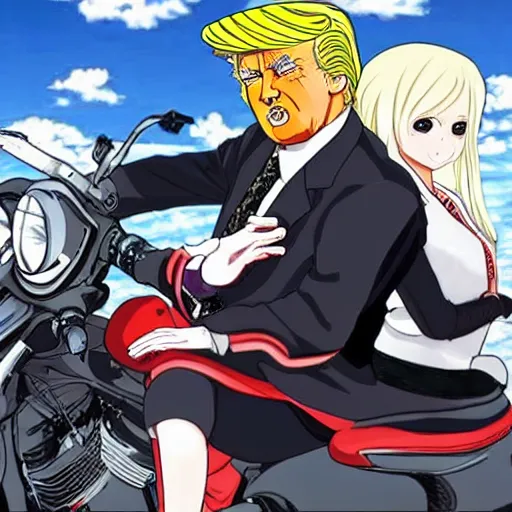 Prompt: Anime of Donald trump wearing a leather jacket, riding Harley motorcycle,