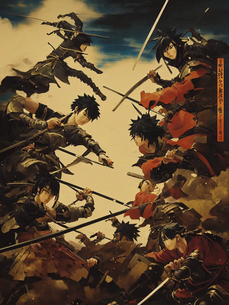 Image similar to baroque oil painting of key visual samurai battle, japanese armor, brutalist fantasy, realism, rule of thirds golden ratio, fake detail, trending pixiv fanbox, acrylic palette knife, style of makoto shinkai ghibli takashi takeuchi yoshiyuki sadamoto jamie wyeth james gilleard greg rutkowski chiho aoshima