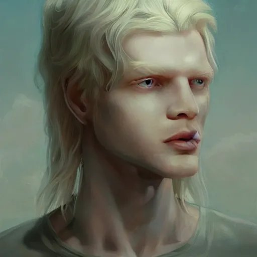 Image similar to prompt portrait of a beautiful androgynous blond man, albino pale white skin and long fluffy curly blond hair, Center parted curtain bangs, close up view, head and upper body, looking upward, fullface, light from above, by Peter Mohrbacher, trending on artstation, 8k