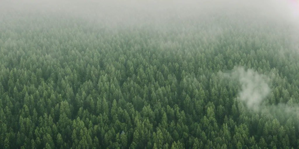 Image similar to aerial photograph of calming fog over the woods on a mountain, green, photorealistic