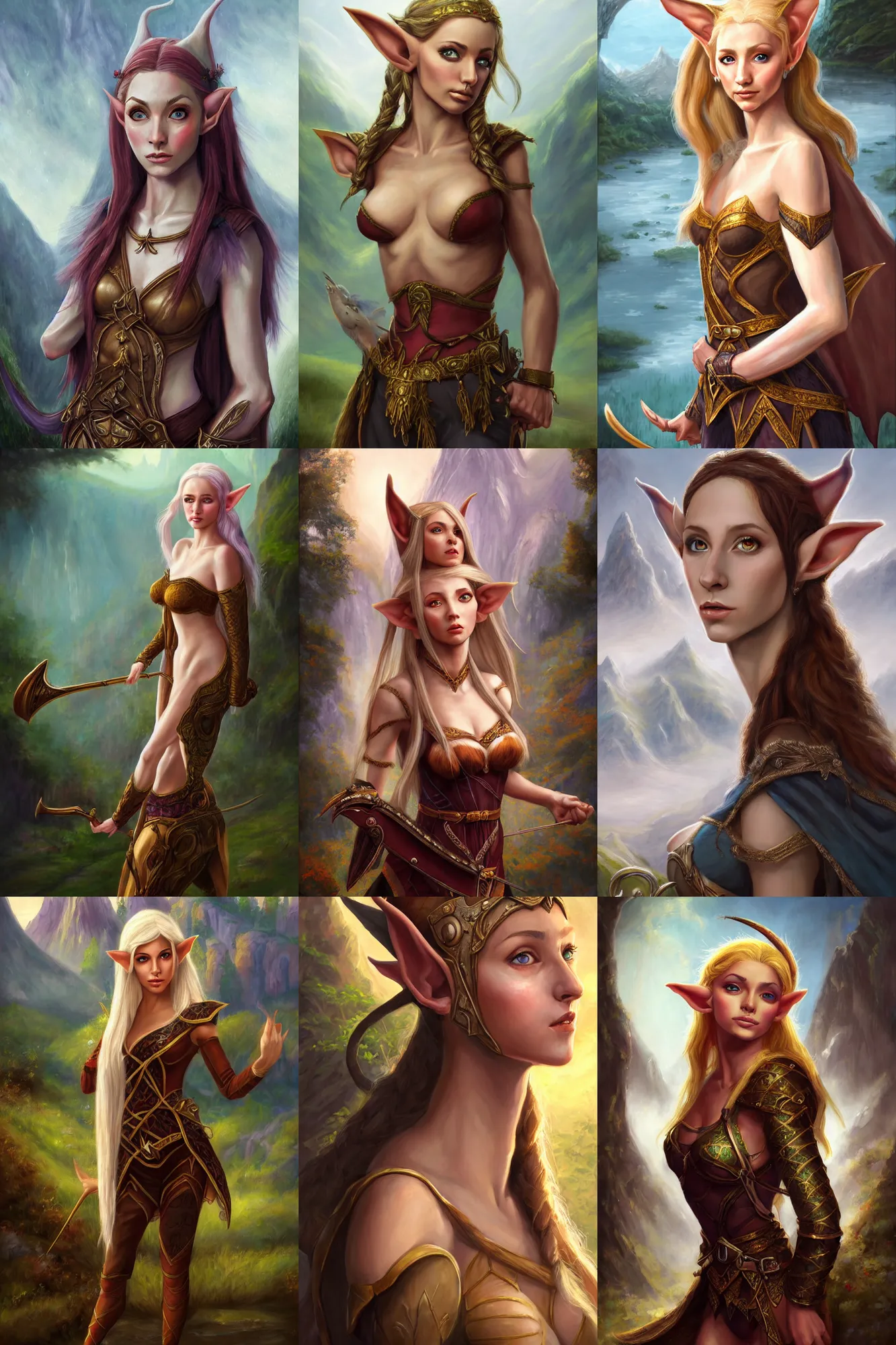 Image similar to a full body high detail fantasy portrait oil painting illustration of a single beautiful female elf bard by justin sweet with face and body clearly visible, in a scenic background, pretty eyes, realistic proportions, d & d, rpg, forgotten realms, artstation trending, high quality, sombre mood, artstation trending, muted colours, entire person visible!