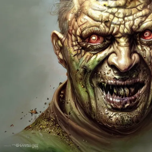 Image similar to closeup portrait shot of joe pesci as nurgle, the lord of pestilence, the plaguefather, great corrupter, decay, highly detailed, digital painting, artstation, concept art, soft focus, depth of field, artgerm, tomasz alen kopera, peter mohrbacher, donato giancola, wlop, boris vallejo