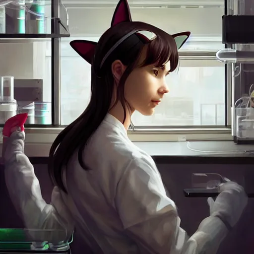 Image similar to girl with cat ears in a biology lab, by WLOP, by Artgerm, by Michael Garmash, by Ilya Kuvshinov, digital art, trending on artstation, beautiful lightning, atmospheric, fantasy