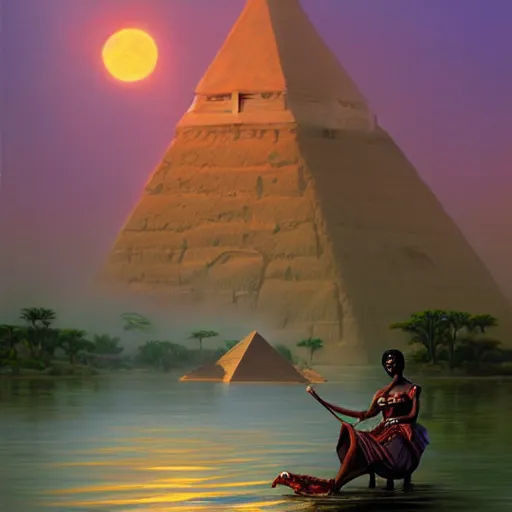 Prompt: an african queen riding a crocodile in the nile river by michael whelan and tyler edlin, oil on canvas, water fog, pyramid portal, 8k.