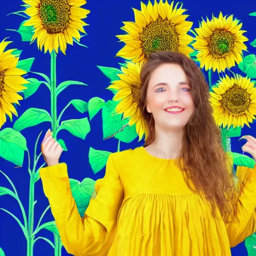 Image similar to Fantasy Map, Illustration of a Ukrainian girl Smiling | Subject Description: Beautiful pretty young, flowers in her dark hair, Scene: Sunflower field, Image Colors: Yellow sunflowers, blue cloudy sky