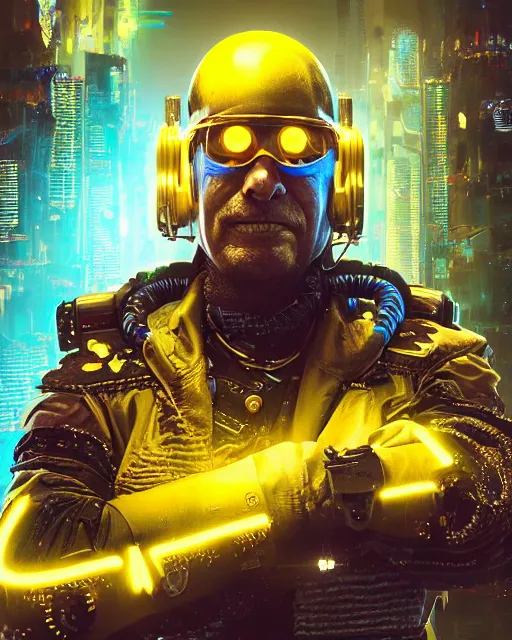 Prompt: an intimate portrait of a gnarly human cyberpunk captain, old skin, friendly, charming, strong leader, metal eye piece, a look of cunning, big smile, detailed matte fantasy painting, golden cityscape, lasers, sparks, yellow and blue and cyan