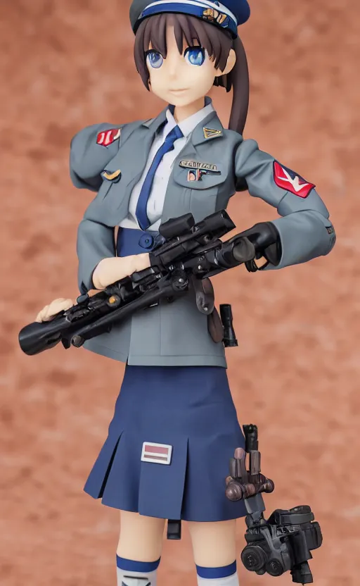 Prompt: toy photo, radio equipment, school uniform, portrait of the action figure of a girl, anime character anatomy, small blue eyes, figma by good smile company, collection product, dirt and smoke background, flight squadron insignia, realistic military gear, 70mm lens, round elements, photo taken by professional photographer, trending on instagram, symbology, 4k resolution, low saturation, realistic military carrier