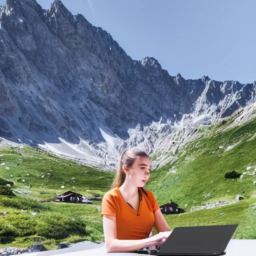 Prompt: smart female junior developer working with laptop in front of a modern campus building outside in the mountains in summer, alps, 4k, digital art, highly detailed, artstation, 8k, ultrafine detail