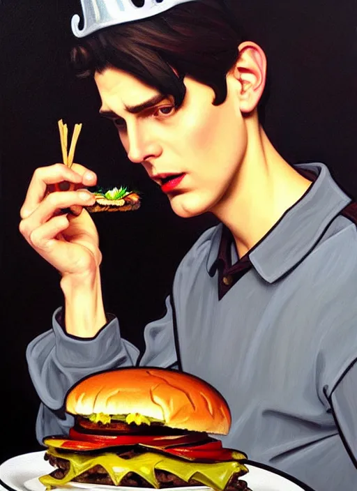 Prompt: oil painting, jughead jones wears a grey crown, and devours a hamburger, intricate, elegant, highly detailed, lighting, painting, artstation, smooth, illustration, art by greg rutowski and alphonse mucha