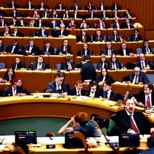 Prompt: Russian Duma in session but everyone is a different type of clown