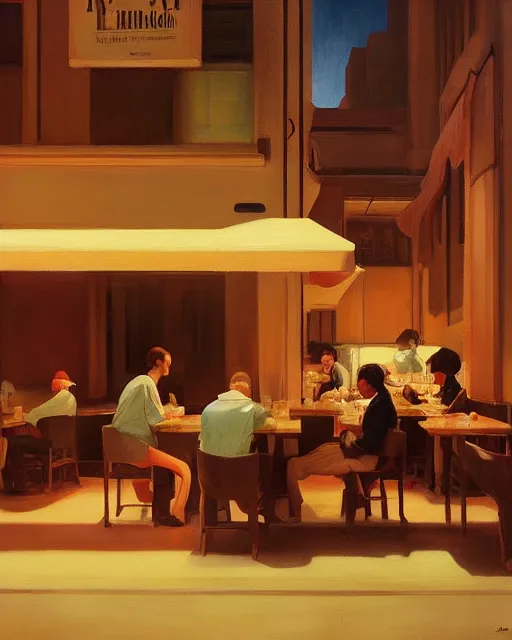 Prompt: restaurant from the 50's painted by George Tooker volumetric lighting, back lighting, rimlight, dramatic lighting, digital painting, highly detailed, artstation, sharp focus, illustration, Artgerm, Jean-Léon Gérôme , ruan jia