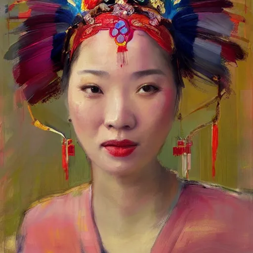 Prompt: spontaneous portrait under painting of a lady in chinese opera headdress, beautiful juicy brush strokes, colorful, by richard schmid and sargent, trending on cgsociety, expressionism