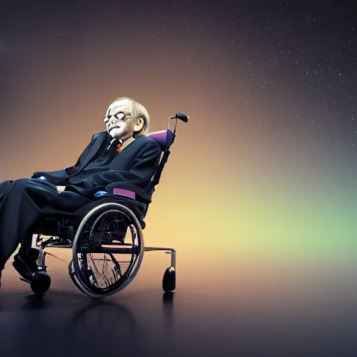 Prompt: Stephen Hawking in his wheelchair floating in completely dark outer space, digital art, trending on ArtStation, 3d rendered in octane, blender, epic lighting, highly detailed, smooth, Unreal Engine 5, cinematic, 8k, 4k