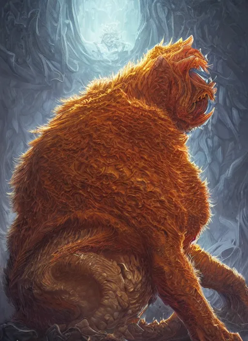 Image similar to portrait of Garfield as a large Lovcraftian monster, fantasy, intricate, elegant, highly detailed, digital painting, artstation, concept art, smooth, sharp focus, illustration, art by artgerm and greg rutkowski