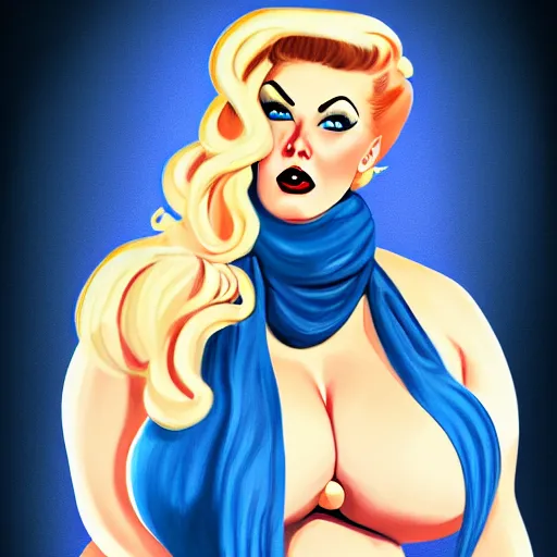 Prompt: rockabilly curvy woman, long blond hair with scarf, blue eyes, wholesome, country, southern, digital art, cinematic, concept art, 8k, painting, trending on artstation, wide shot, full shot