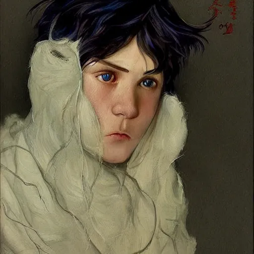 Prompt: a 14 year old teenage boy ghost with white hair and green eyes. The air is so cold that you can see his breath. He is shivering from the cold. Sakimichan Repin. By JC Leyendecker